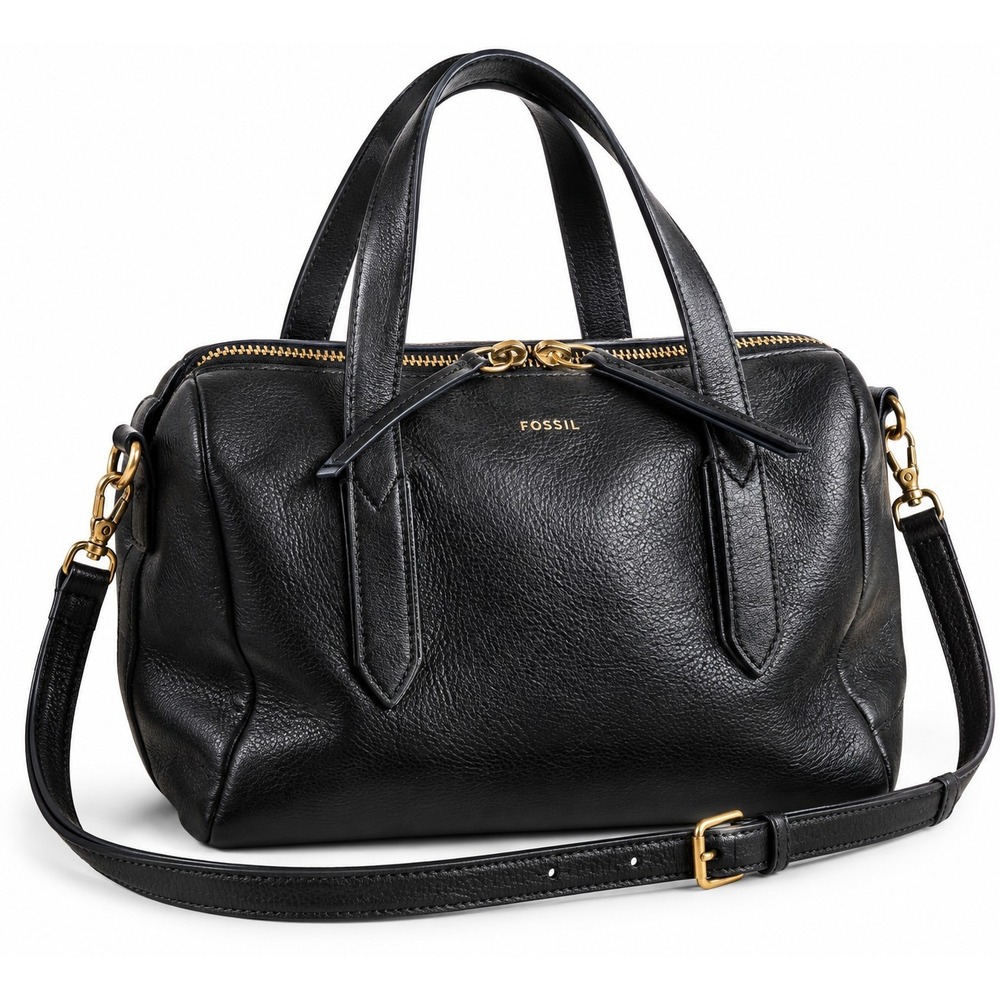 Fossil Black Pebbled Leather Satchel Handbag Crossbody Shoulder Bag Gold...